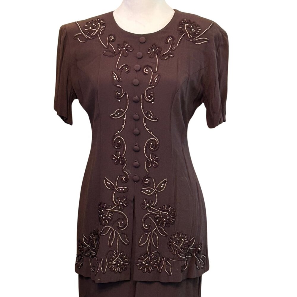 Vintage 1980's two piece set Blouse and Skirt - Beaded Floral Details